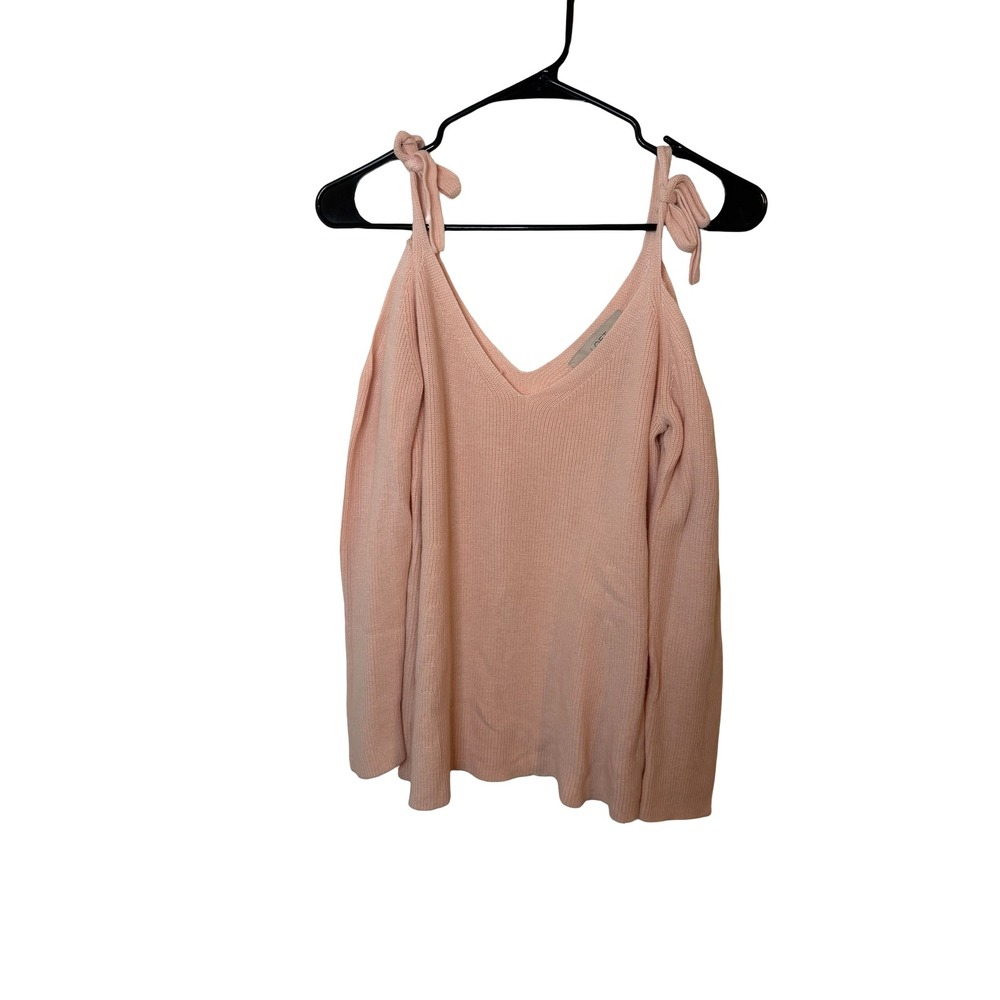 LOFT Womens Peach Pink Ribbed Cold Shoulder Tie Strap V-Neck Sweater Size M